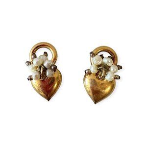 Vintage 80s Gold‎ tone Heart and Faux sead pearl charms, pendant.  A pair